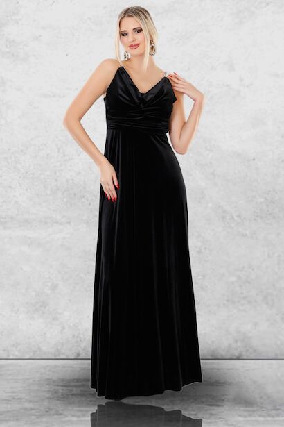 Kadın Askı Detay Kolsuz Uzun Kadife Abiye Elbise  Siyah