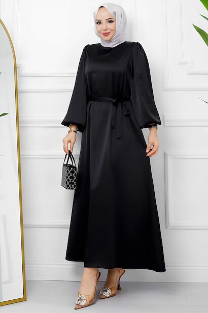 Kadın Balon Kol Saten Elbise  Siyah