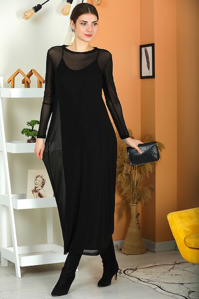 Kadın Dışı Tül İç Astarlı Uzun Elbise  Siyah