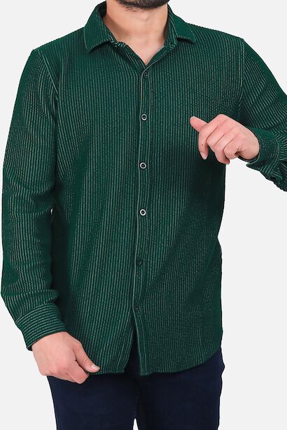 Erkek Çizgili Uzun Kol Düğmeli Gömlek  Yeşil
