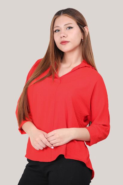 Kadın Gömlek Yaka Bluz  Kırmızı