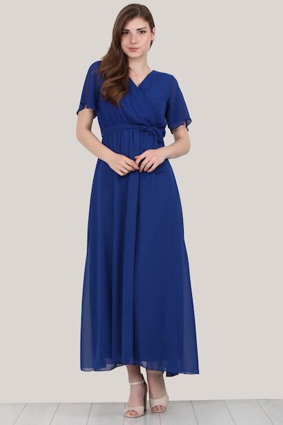 Kadın Kruvaze Yaka Şifon Elbise  Sax Mavisi