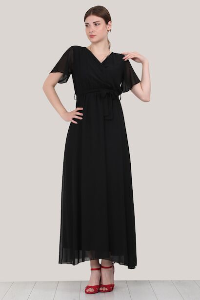 Kadın Kruvaze Yaka Şifon Elbise  Siyah