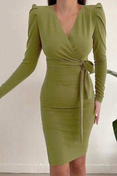 Kadın Kısa Krep Elbise Yağ  Yeşil