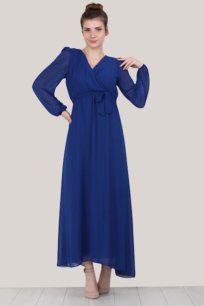 Kadın Şifon Uzun Elbise  Sax Mavisi
