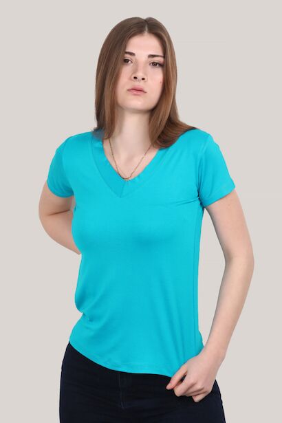 Kadın V Yaka T-shirt  Mavi