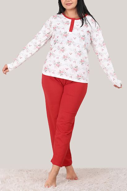Büyük Beden Organik Pamuk Uzun Kol Pijama Takımı  Kırmızı