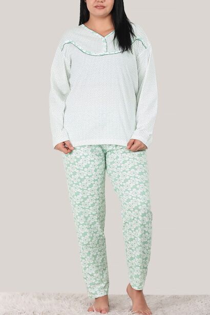 Büyük Beden Organik Pamuk Uzun Kol Pijama Takımı  Yeşil