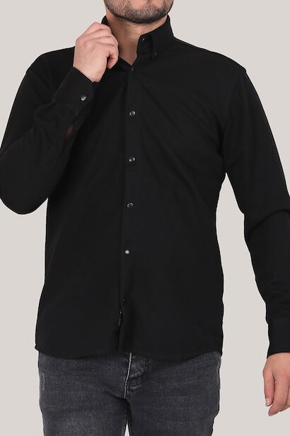 Erkek Uzun Kolçıt Çıt Düğmeli Gömlek  Siyah