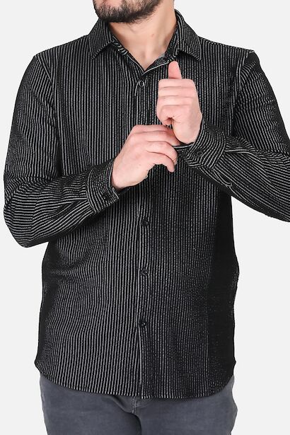Erkek Çizgili Uzun Kol Düğmeli Gömlek  Siyah