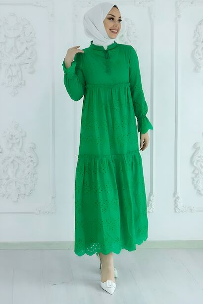 Kadın Güpürlü Uzun Elbise  Yeşil