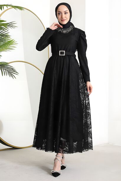 Kadın Güllü Dantel Elbise  Siyah