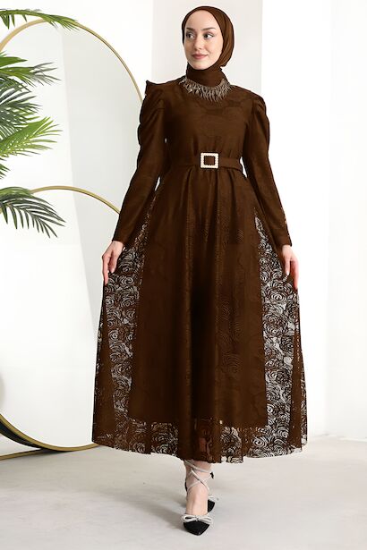 Kadın Güllü Dantel Elbise  Kahverengi