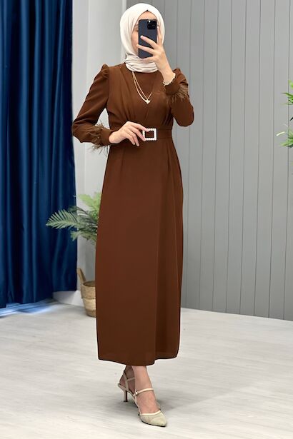 Kadın Kemerli Kolları Tül Detaylı Uzun Elbise  Kahverengi