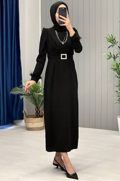 Kadın Kemerli Kolları Tül Detaylı Uzun Elbise  Siyah