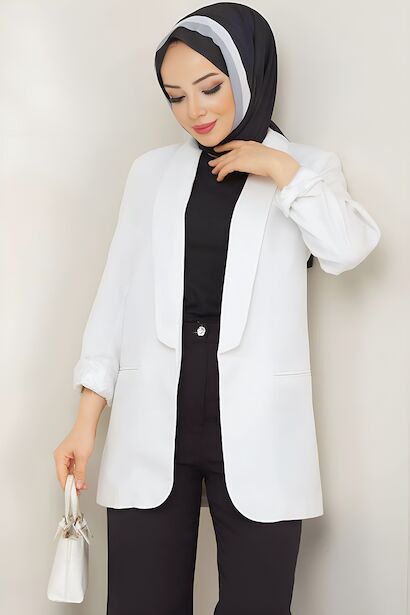 Kadın Mendil Yaka Blazer Ceket  Beyaz