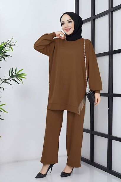 Kadın Aerobin Kumaş Pantolon Tunik İkili Takım  Kahverengi