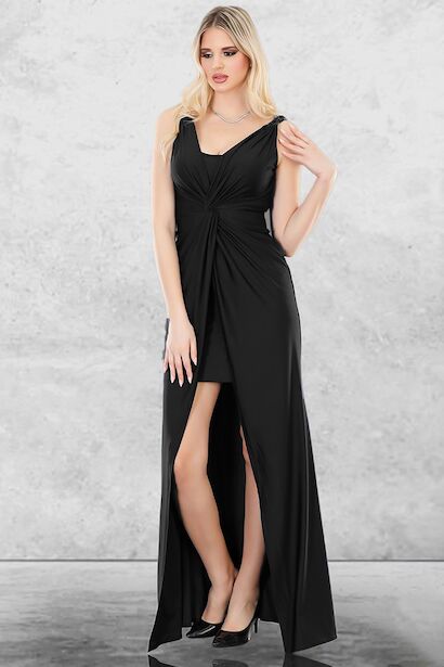 Kadın Omuz Aksesuarlı Uzun Abiye Elbise  Siyah
