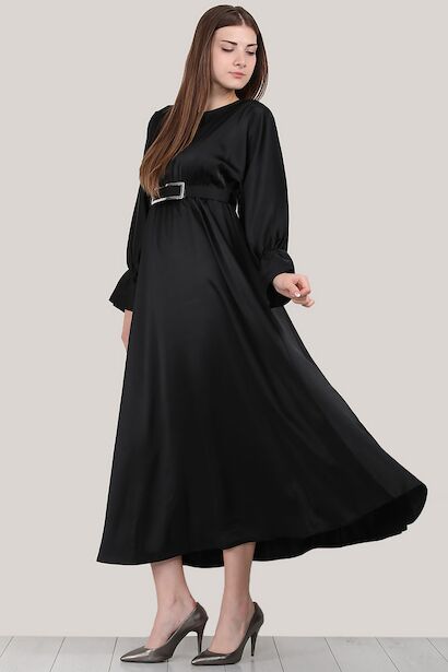 Kadın Saten Uzun Elbise  Siyah