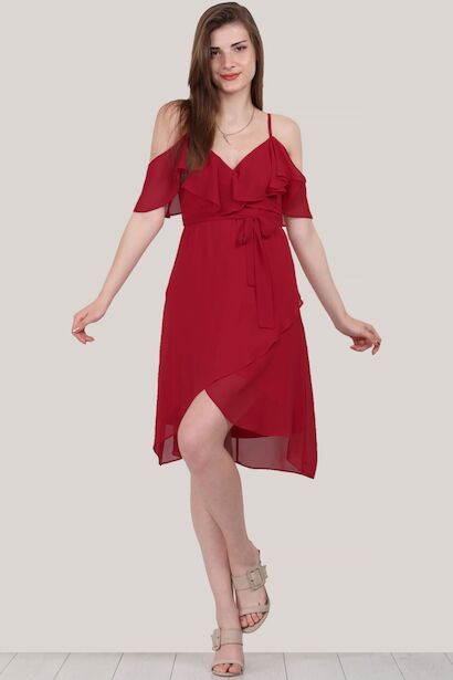Kadın Kısa Şifon Elbise  Kırmızı