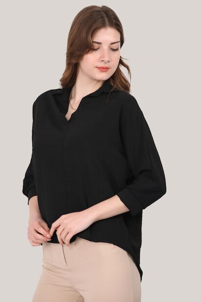 Kadın Gömlek Yaka Bluz  Siyah