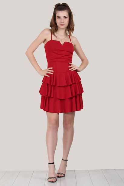 Kadın Eteği Fırfırlı Kısa Abiye Elbise  Kırmızı