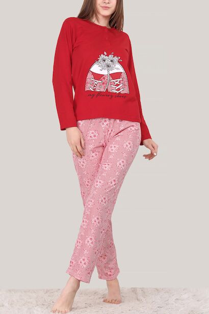 Kadın Uzun Kollu Pijama Takımı  Kırmızı