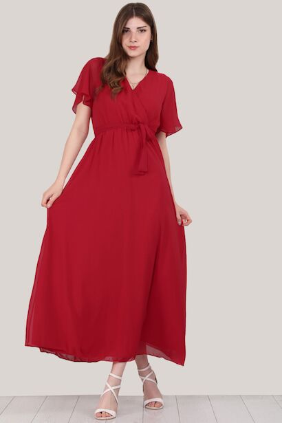 Kadın Kruvaze Yaka Şifon Elbise  Kırmızı