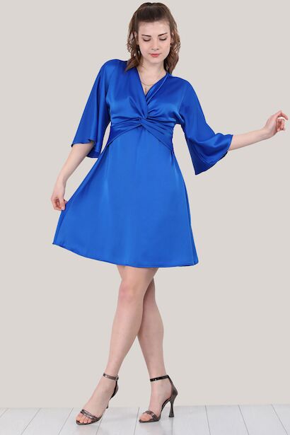 Kadın Kruvaze Yaka Kısa Elbise  Sax Mavisi
