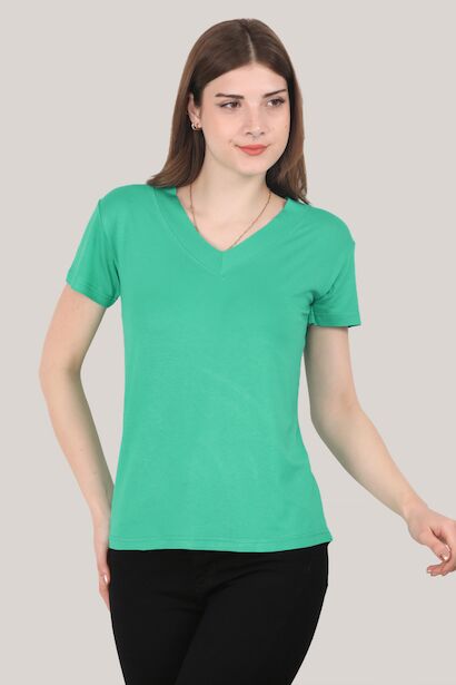 Kadın V Yaka T-shirt  Yeşil