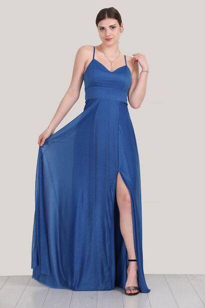Kadın Uzun Abiye Elbise  Sax Mavisi