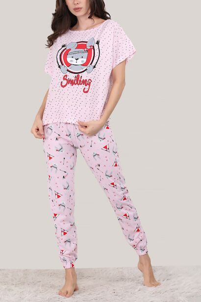 Kadın Kısa Kol Pijama Takımı  Pembe