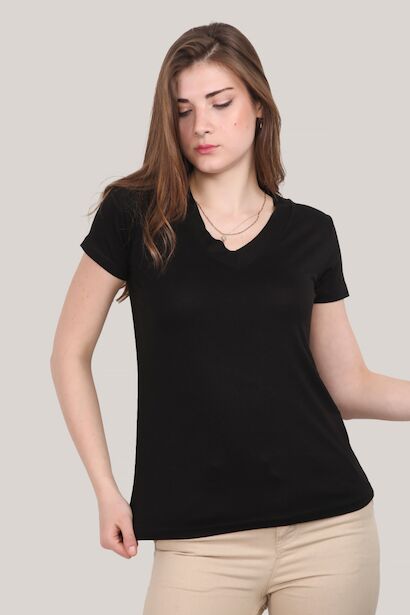 Kadın V Yaka T-shirt  Siyah